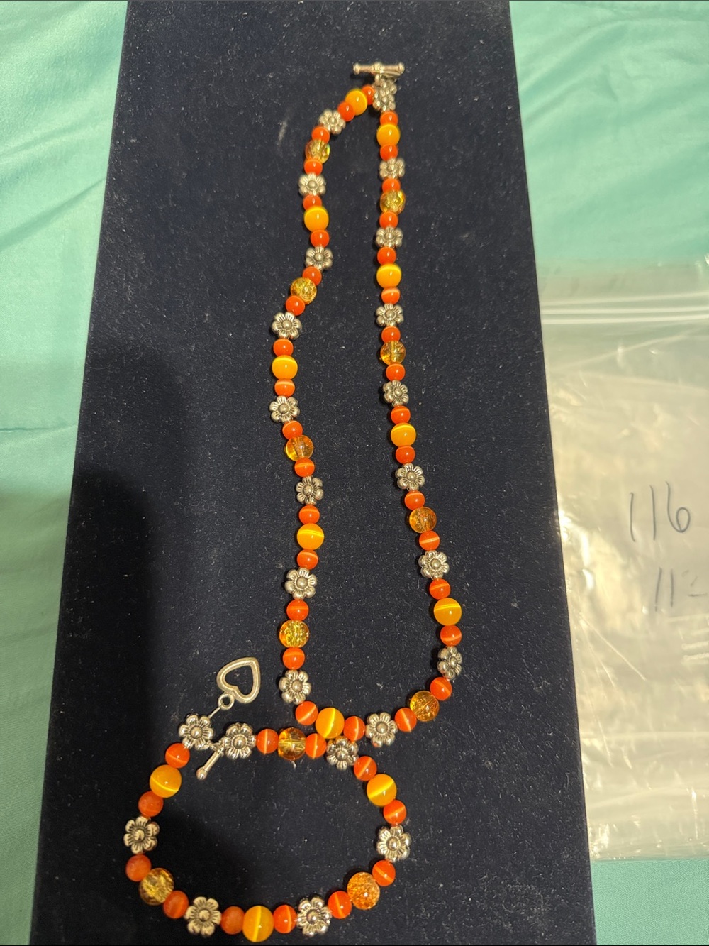 Orange Beaded Flower Necklace and Bracelet Set - Women Jewelry